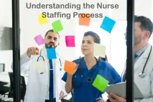 A nurse staffing agency representative reviewing candidate profiles to match healthcare facilities with qualified professionals.