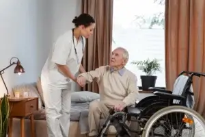 A compassionate caregiver assisting an elderly person at home, representing personalized home care services.