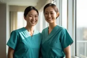 Two professional nurses in scrubs standing together, representing teamwork and professionalism in healthcare.